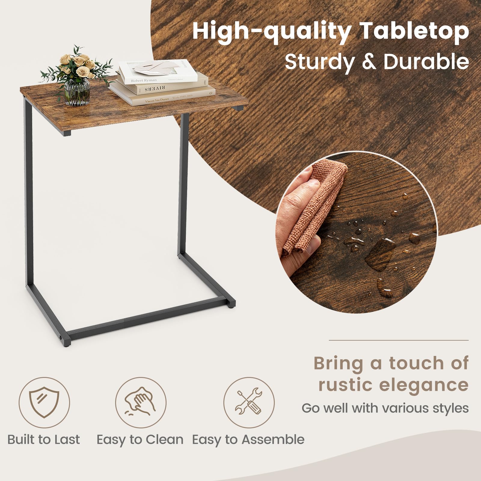 C-Shaped End Table, Vintage Accent Couch Table with Heavy-Duty Metal Frame
