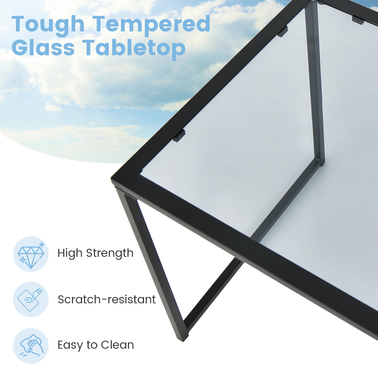 Patio Tempered Glass End Table with Metal Frame for Poolside