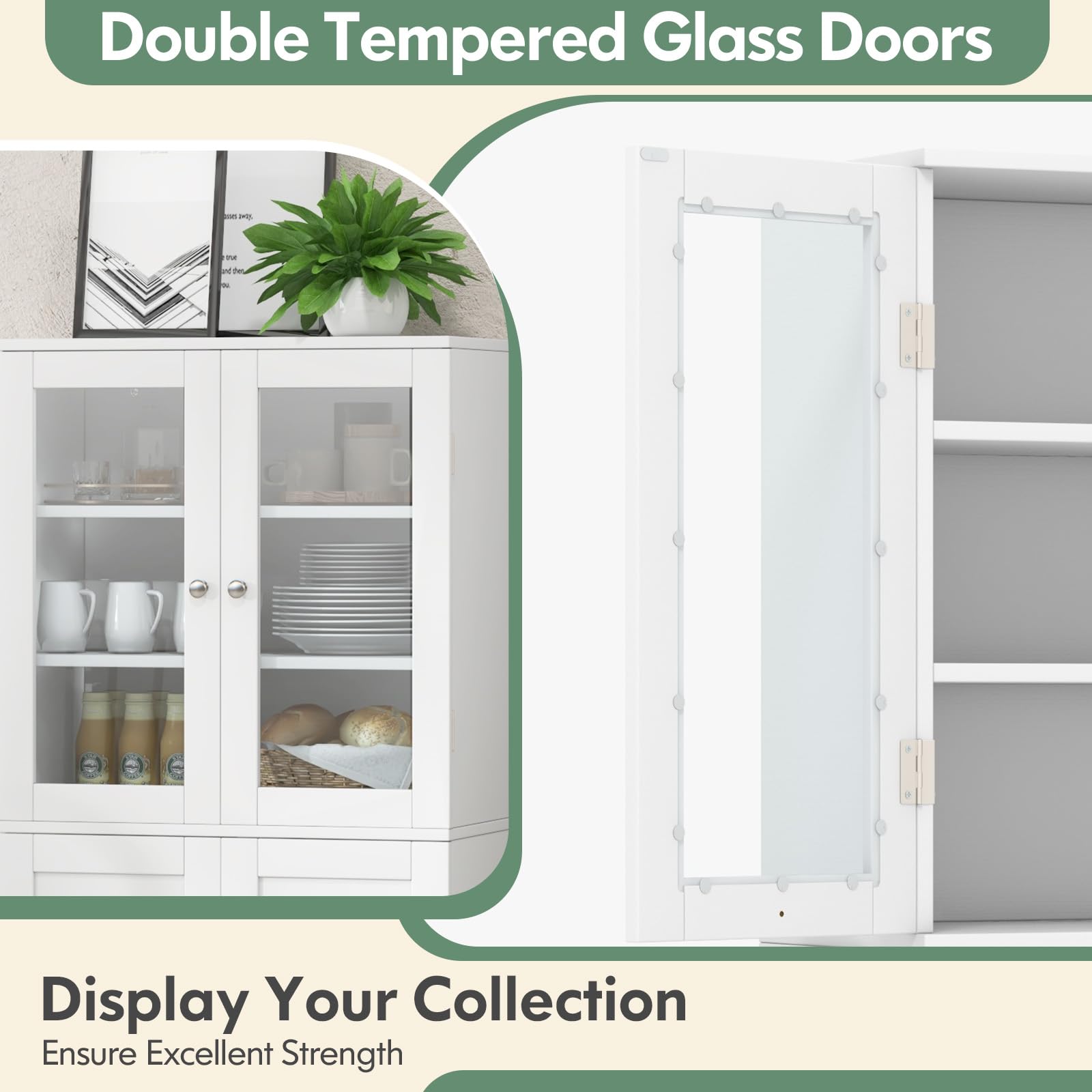 Giantex Tall Buffet Sideboard, Kitchen Pantry Cabinet with Dual Tempered Glass Doors & Shelves