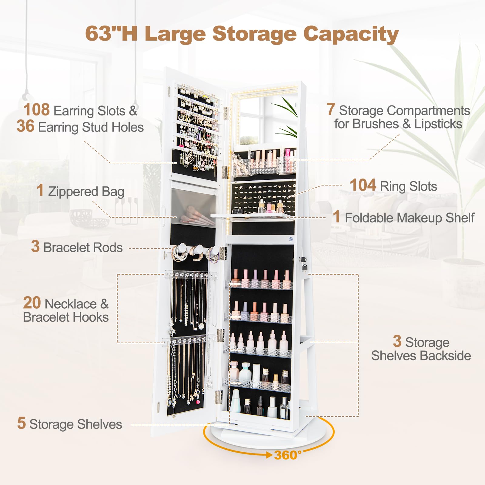 Giantex 160 cm Standing Jewelry Cabinet w/Adjustable LED Lights, 360° Swivel Lockable Jewelry Armoire Organizer w/Full-Length Mirror
