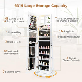 Giantex 160 cm Standing Jewelry Cabinet w/Adjustable LED Lights, 360° Swivel Lockable Jewelry Armoire Organizer w/Full-Length Mirror