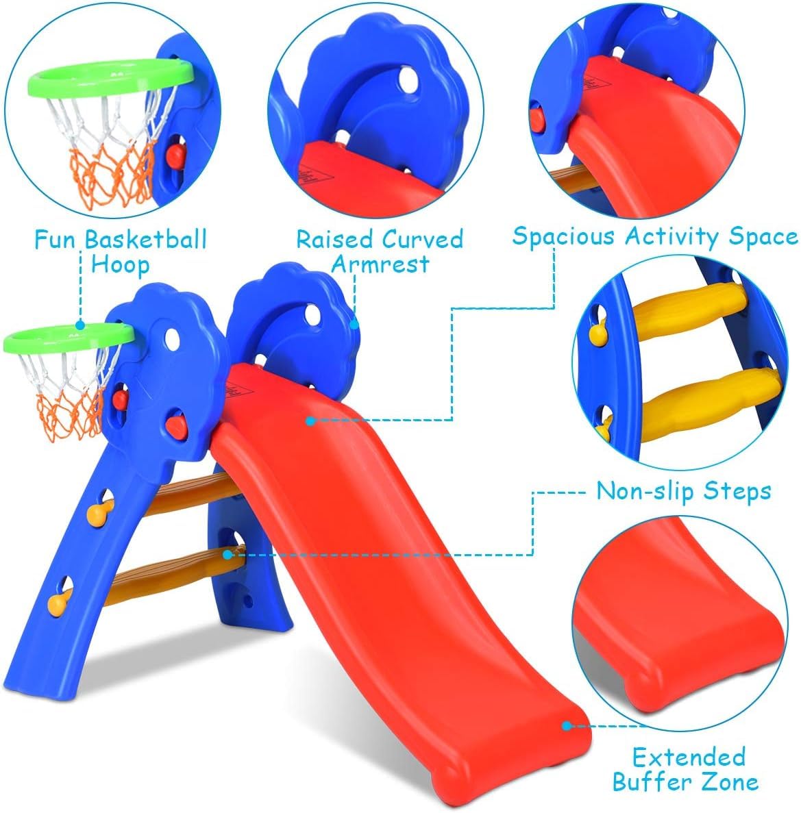 Kids Slide with Basketball Hoop, 2 in 1 Foldable Slide and Climber for Children for Indoor and Outdoor Use