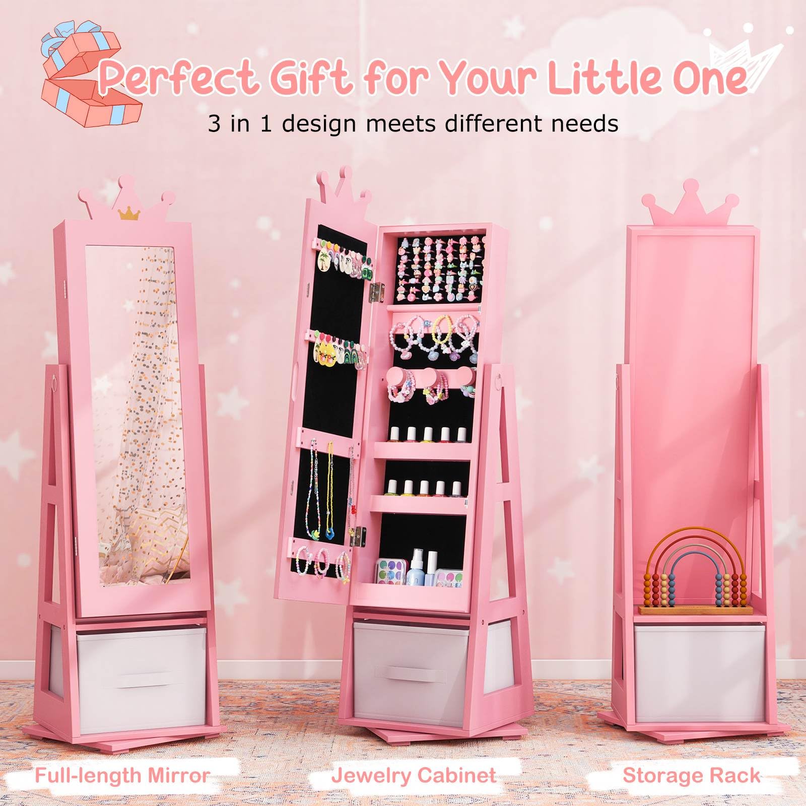 HONEY JOY 360° Swivel Kids Jewelry Cabinet, 3-in-1 Freestanding Full Length Dressing Mirror