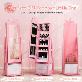 HONEY JOY 360° Swivel Kids Jewelry Cabinet, 3-in-1 Freestanding Full Length Dressing Mirror