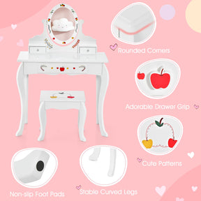 HONEY JOY Kids Vanity & Stool Set, Kids Dressing Table w/360° Rotatable Mirror, Whiteboard, 3 Storage Drawers, Cute Apple Patterns