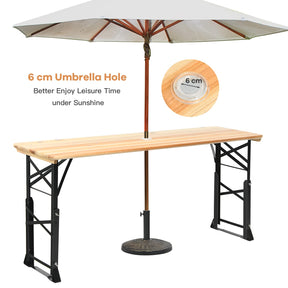 5.5FT Folding Picnic Table, Portable Outdoor Beer Table w/Umbrella Hole & 2 Adjustable Heights