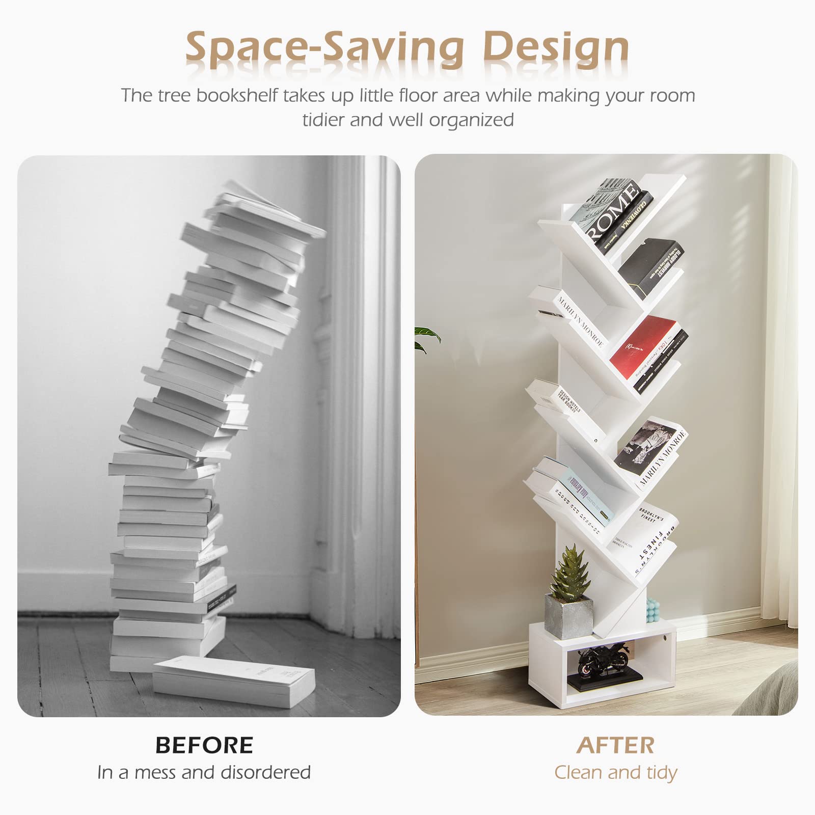 Giantex 10-Tier Tree Bookcase, Floor Standing Bookshelf w/Drawer for CDs/Movies/Books