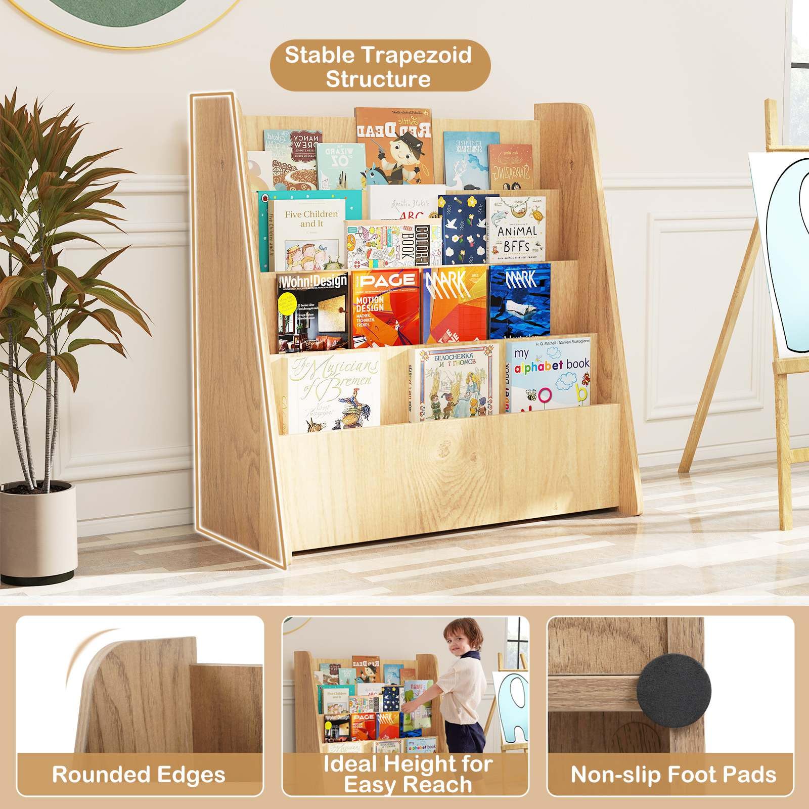 4-Tier Kids Wooden Bookshelf, Front Facing Children Display Bookcase with Deep Compartments