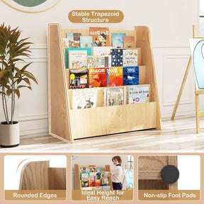 4-Tier Kids Wooden Bookshelf, Front Facing Children Display Bookcase with Deep Compartments
