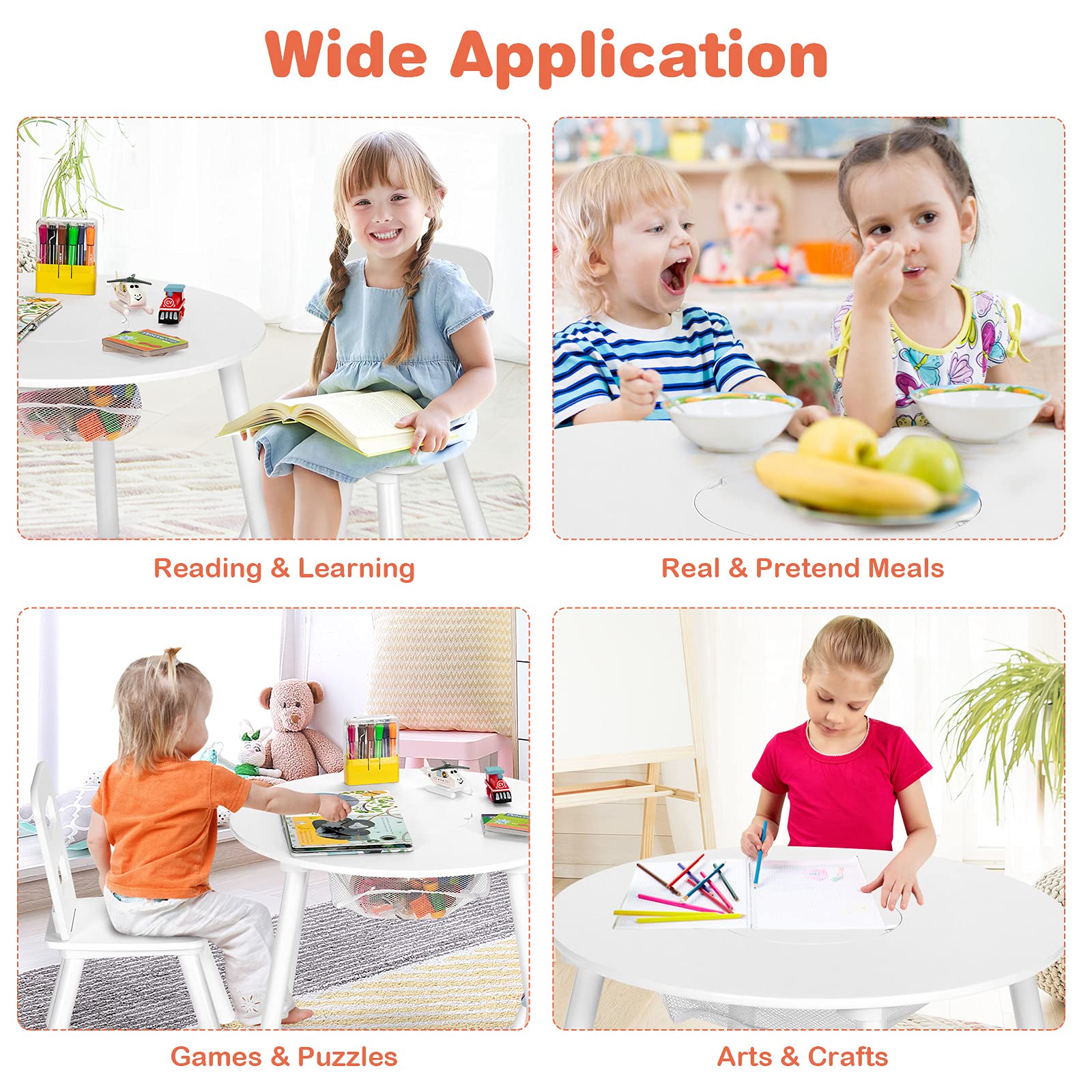 HONEY JOY Kids Table and Chair Set, 3PC Wood Activity Table w/Center Mesh Storage, White