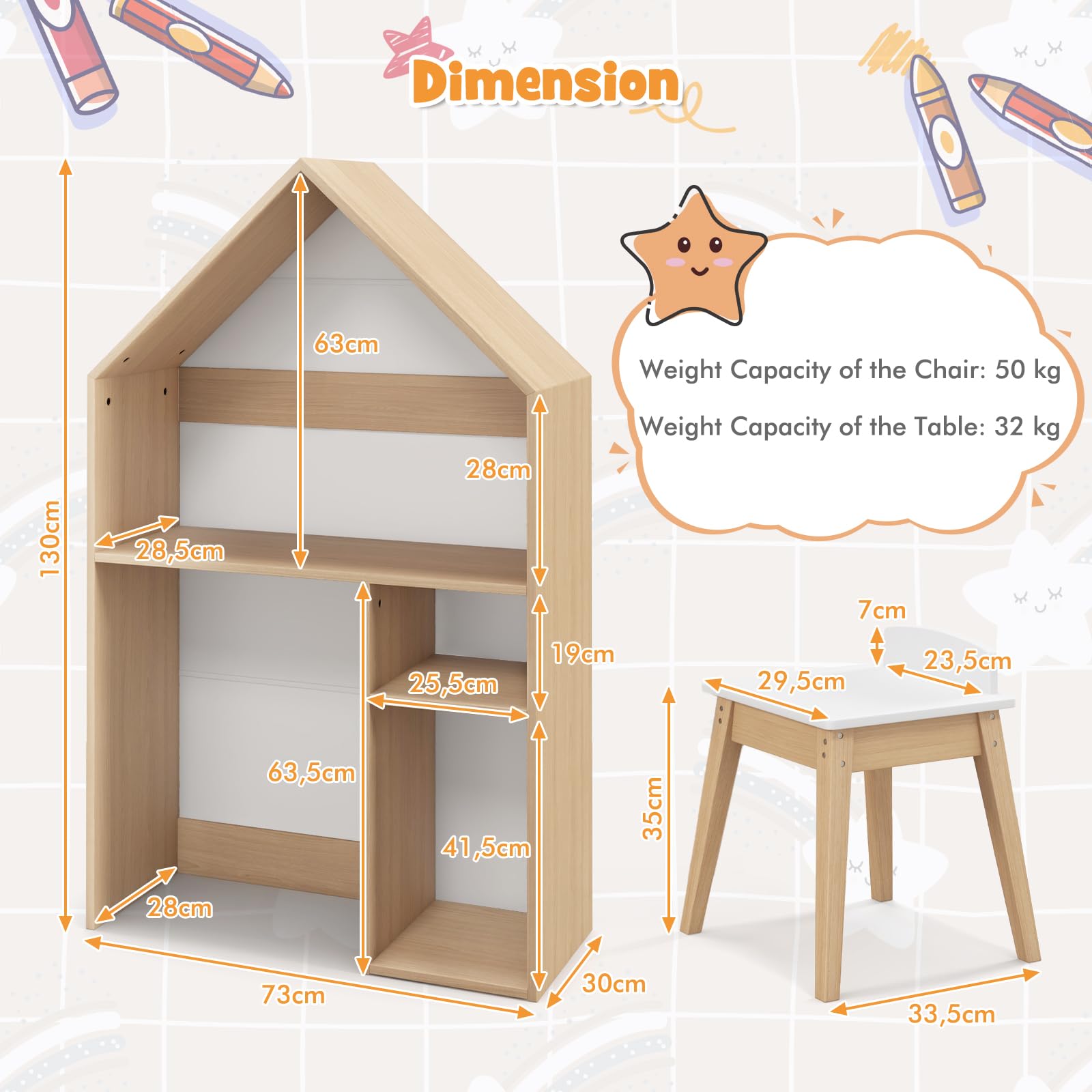 Kids House-Shaped Table and Chair Set with Storage & Blackboard