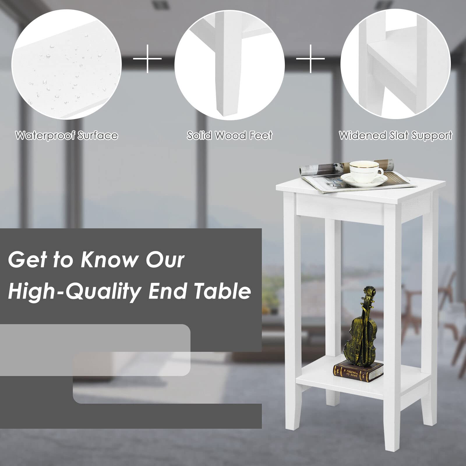 Giantex End Table, Versatile 2-Tier Tall Side Table with 4 Solid Wood Legs, Rectangle Narrow Compact Storage End Table