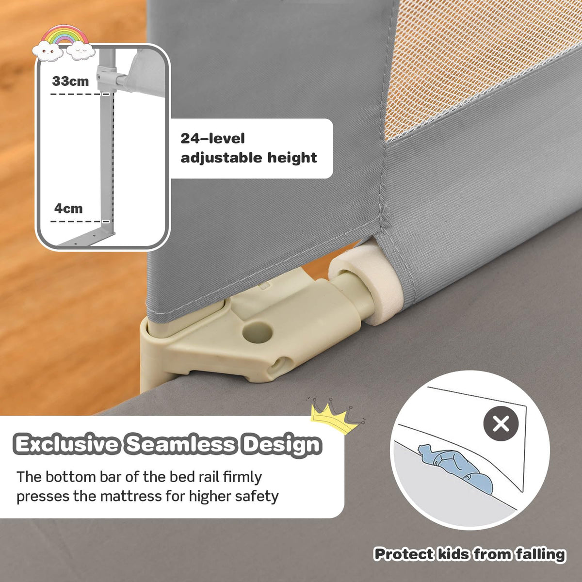 176CM Toddler Bedrail, Extra Tall Safety Bed Guardrail W/Anti-Collision Cotton & Side Pocket
