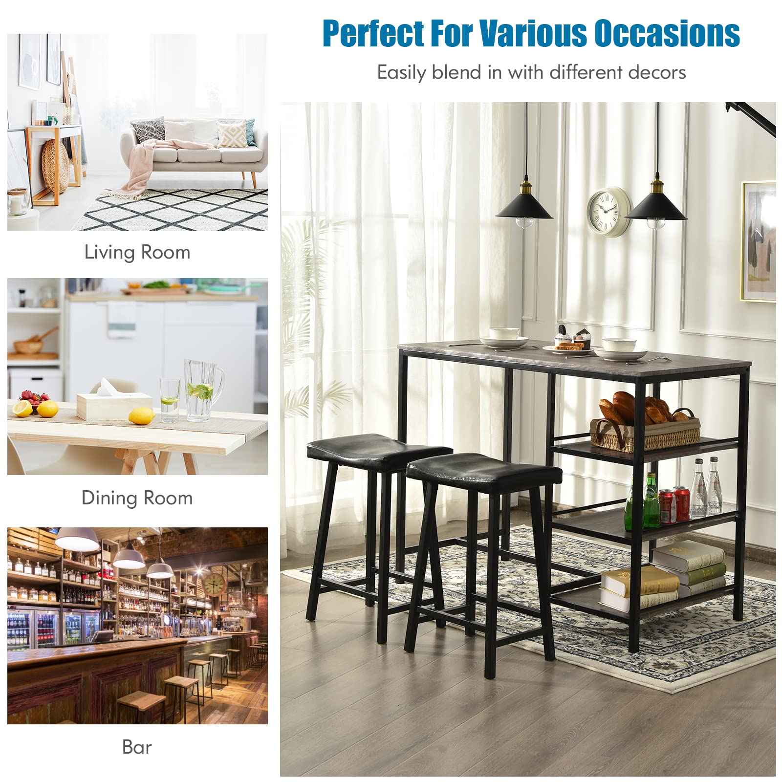 Giantex 3-Piece Dining Table Set, Counter Height Table Set w/2 Bar Stools, Modern Industrial Bar Table Set