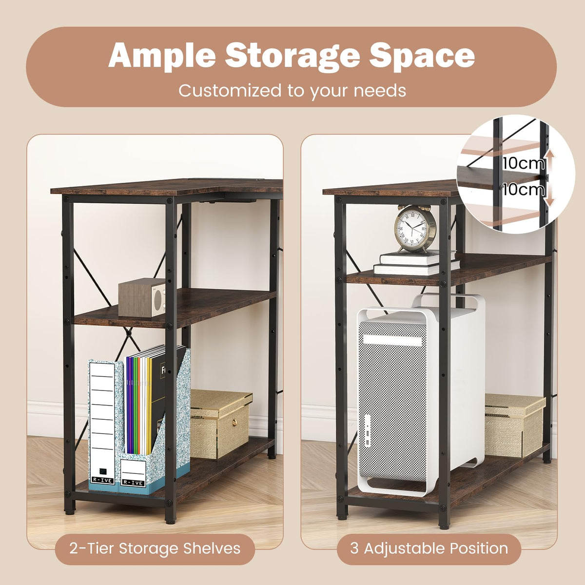 L-Shaped Desk with Power Outlet, Home Office Computer Desk with Reversible Adjustable Storage Shelves