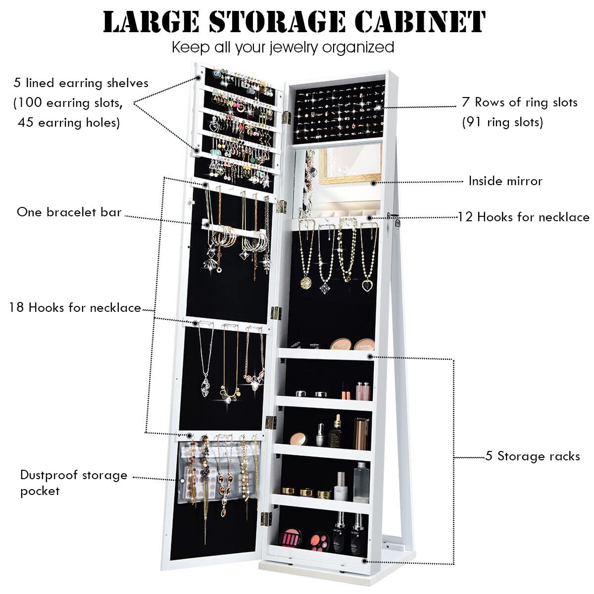 Giantex 2-in-1 Standing Jewelry Armoire w/ Higher Full Length Mirror, Lockable Jewelry Cabinet Organizer