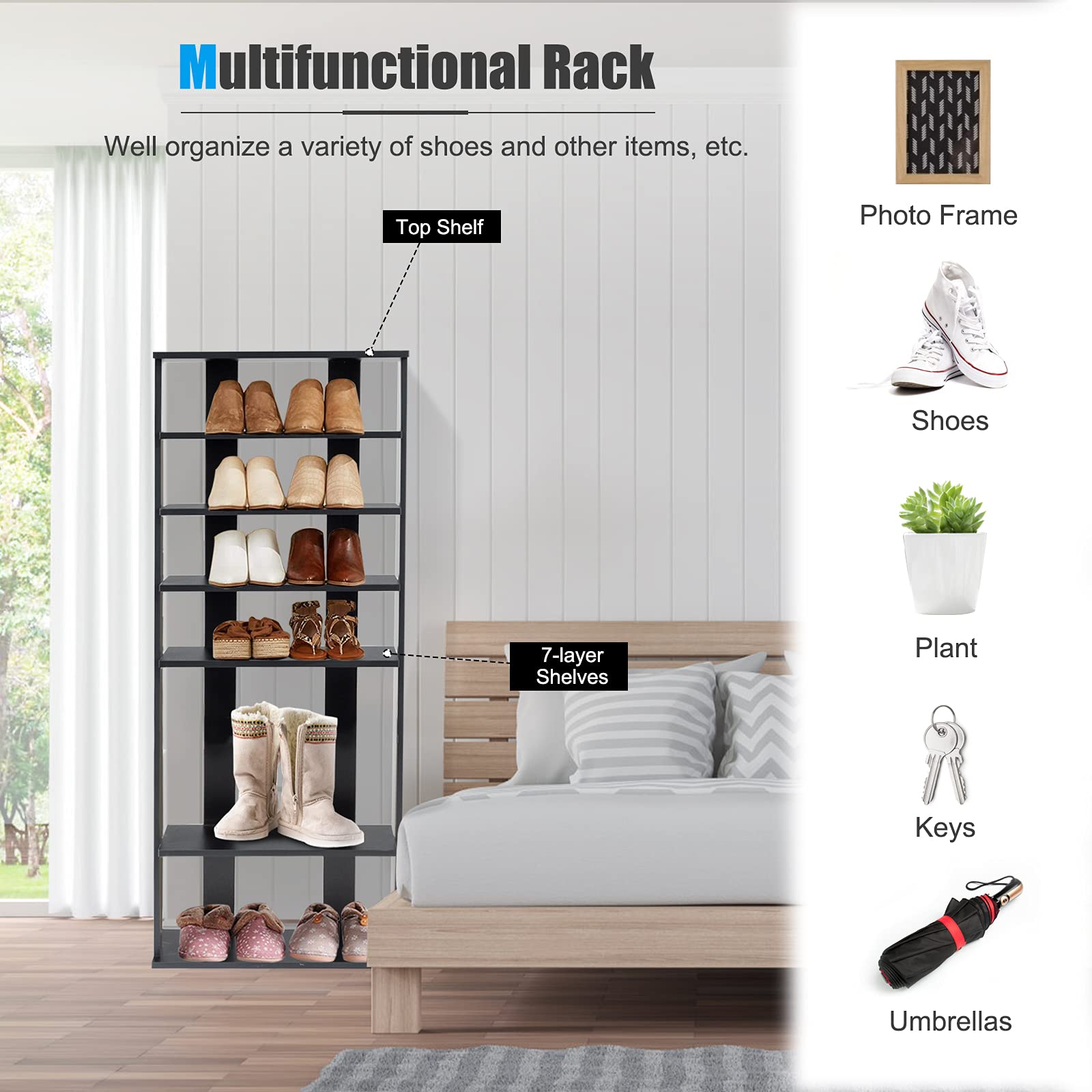Giantex 7-Tier Wooden Shoe Rack, Shoe Storage Tower Multiple Layers, Detachable Board