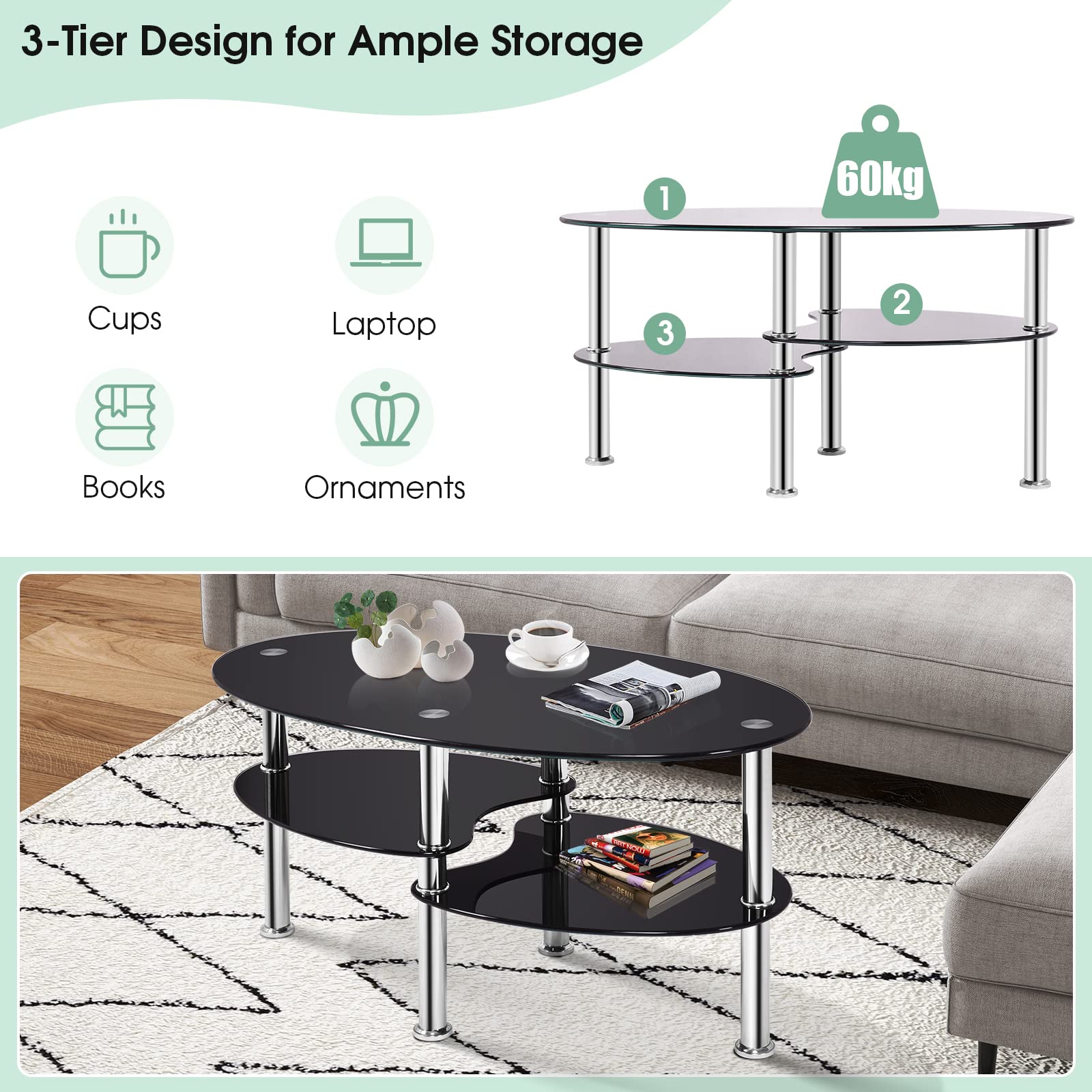 Giantex Tempered Glass Coffee Table, 3-Tire Modern Oval Tea Table, Smooth End Table with Open Storage Shelf