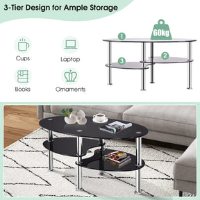 Giantex Tempered Glass Coffee Table, 3-Tire Modern Oval Tea Table, Smooth End Table with Open Storage Shelf