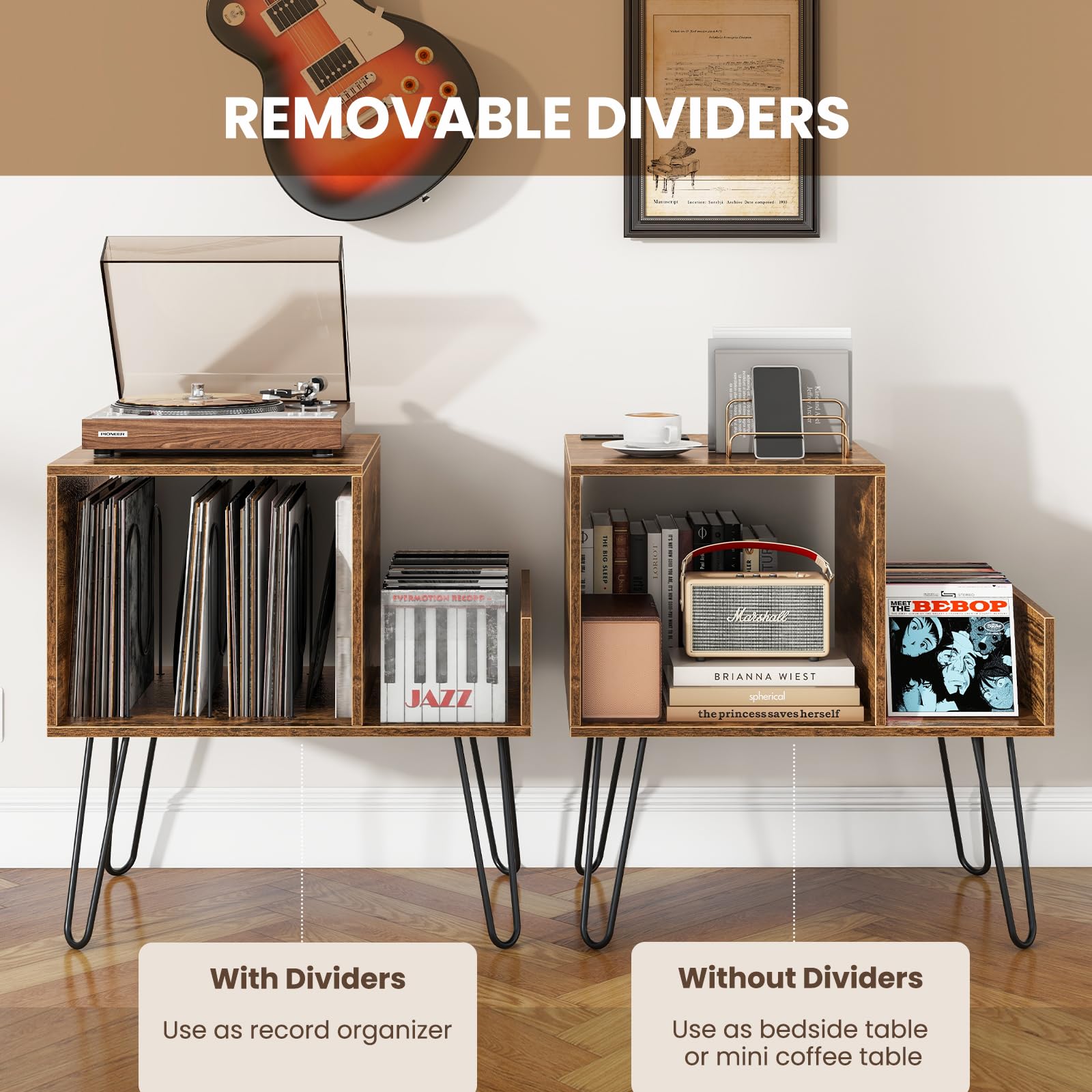 Giantex Record Player Stand with Power Outlet, Turntable Stand with Vinyl Divider & Display Shelf