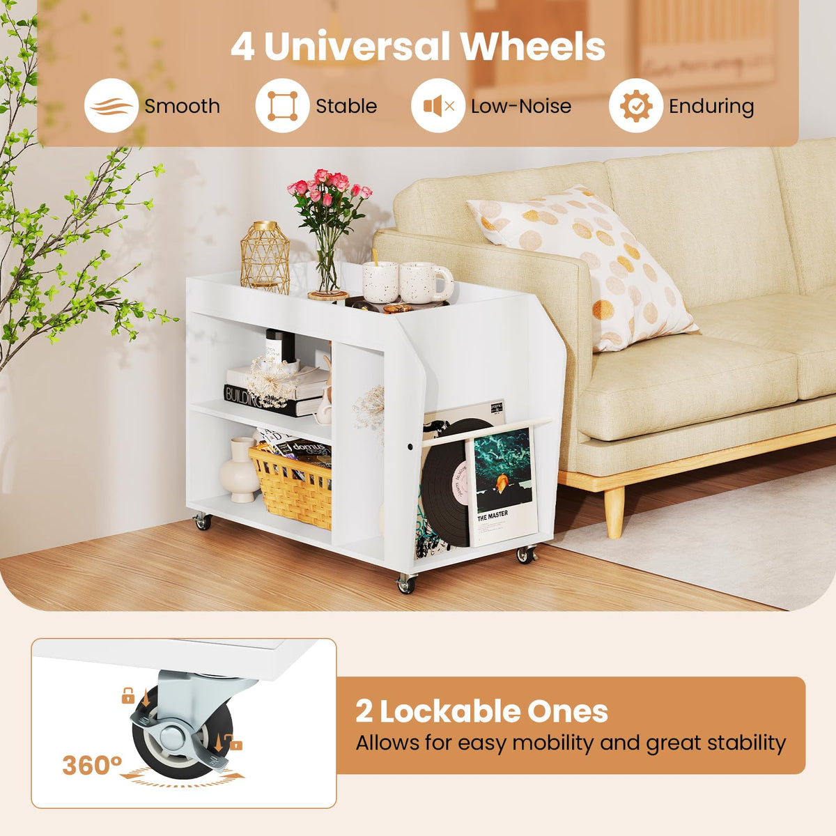 Side End Table, 3-Tier Bookshelf with Universal Wheels, Rolling Nightstand