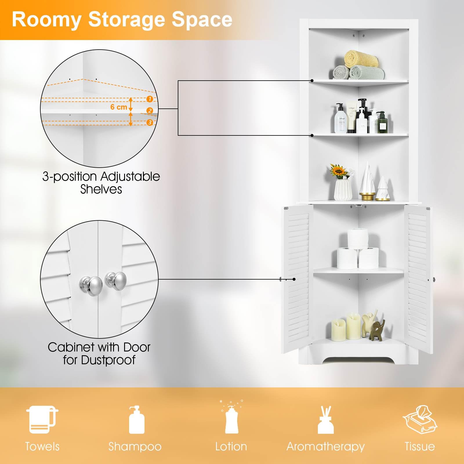 Bathroom Corner Tall Storage Cabinet w/ 3 Open Shelves Storage Organizer White
