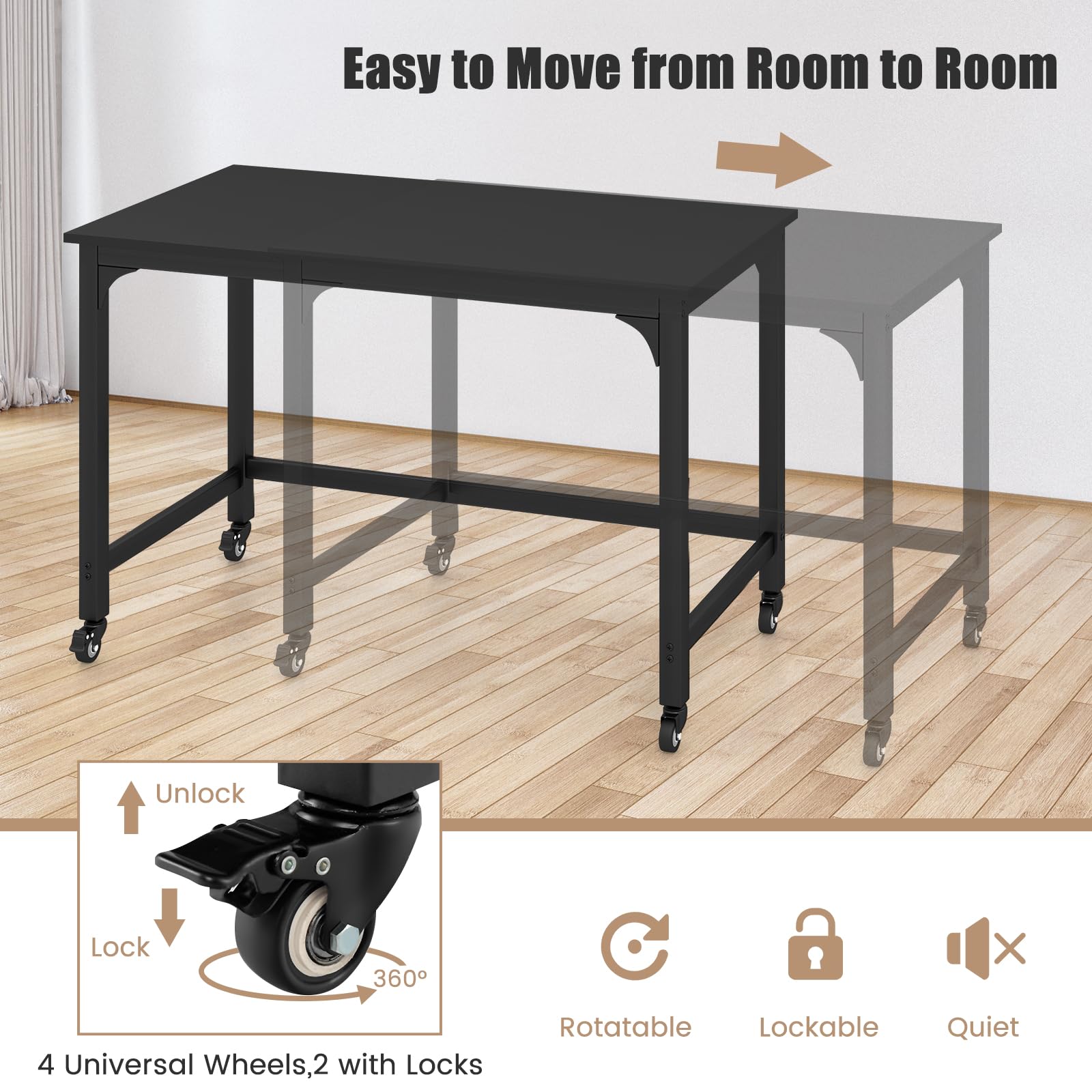 Giantex Rolling Computer Desk Mobile Writing Study Desk w/ 4 Universal Lockable Casters & Wooden Top & Metal Frame