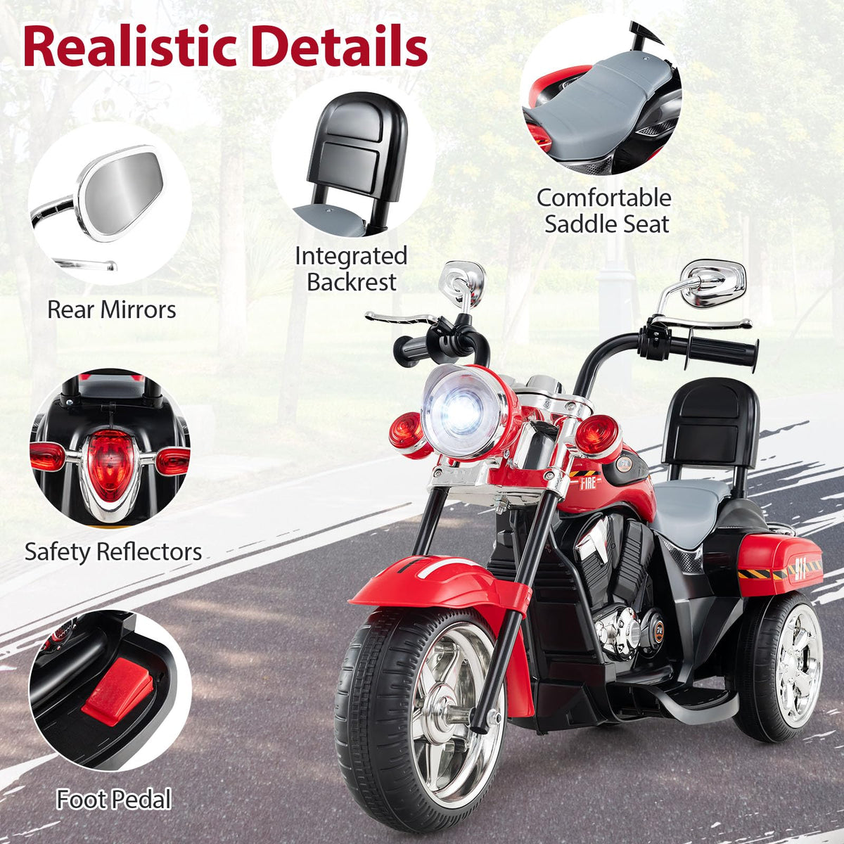 Kids Motorcycle, 6V Battery Powered 3-Wheel Electric Motorcycle for Kids with Headlight & Horn