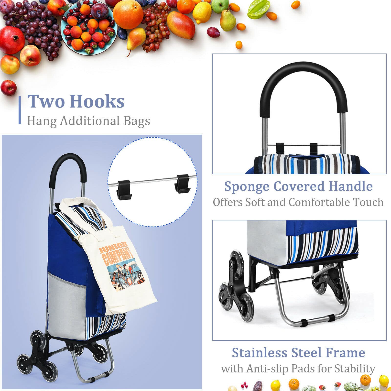 Giantex Folding Shopping Trolley Dolly, Rolling Utility Bag Cart w/ 2 Wheels, Solid Aluminum Frame, Blue & Black