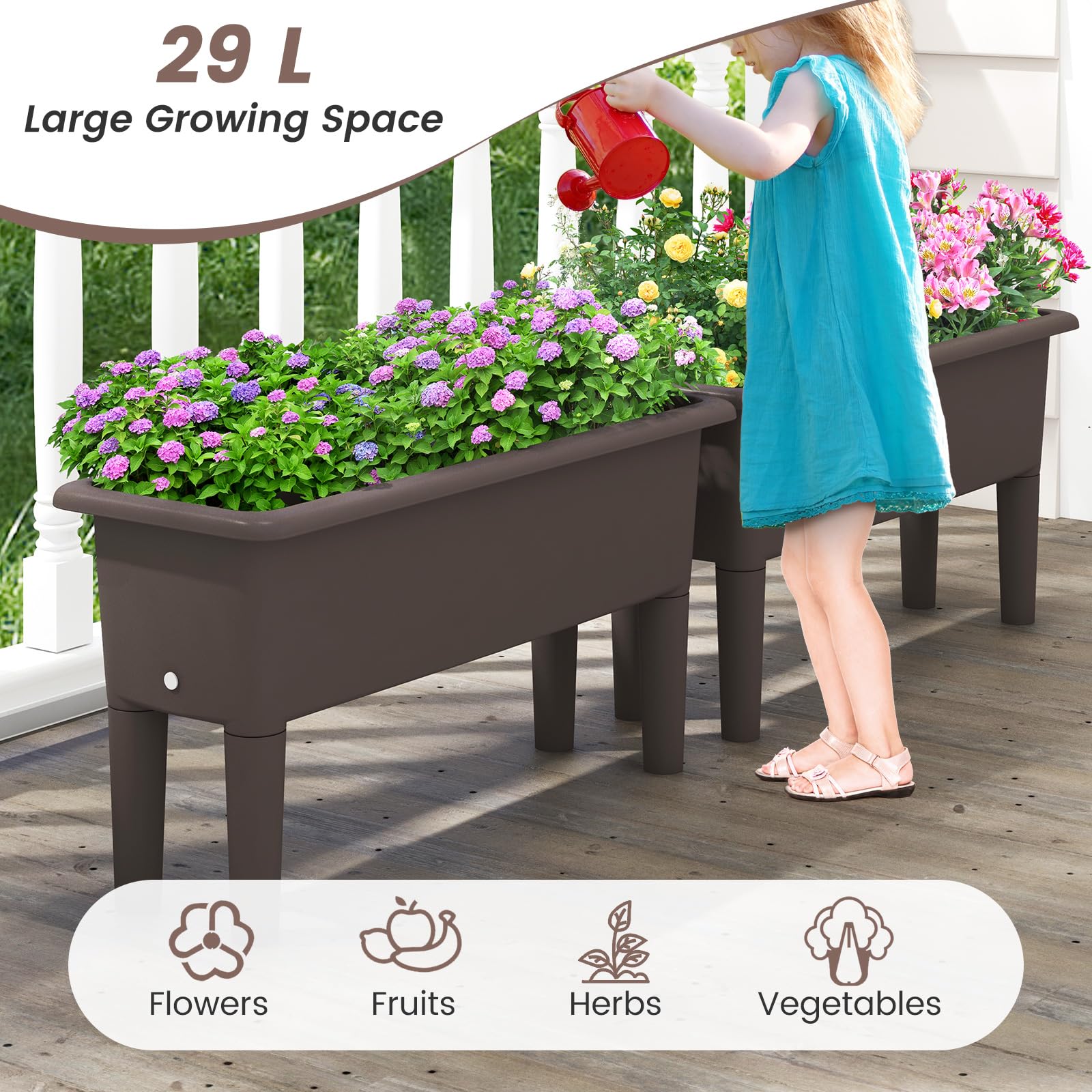 2 PCS Raised Garden Beds, Self-Watering Planter Box with Detachable Legs & Drainage Hole