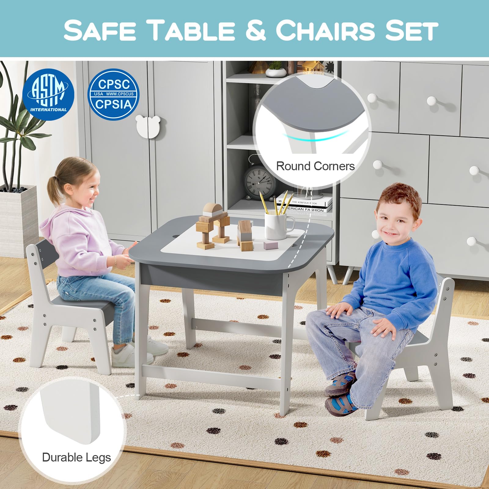 Kids Table & Chairs Set, Toddler Activity Table Set with Double-Sided Tabletop & Hidden Storage Space
