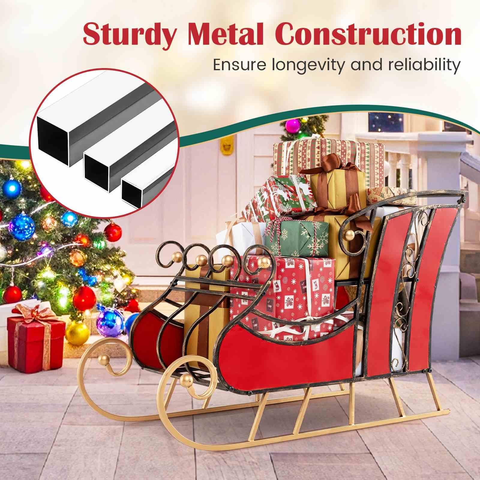 95CM Christmas Metal Sleigh Decoration, Decorative Santa’s Sleigh with 2-Tier Storage Shelf