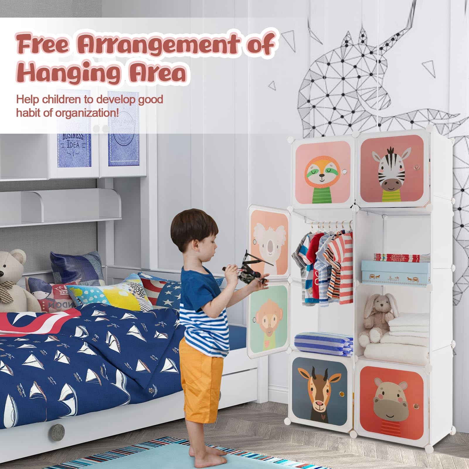 Children 8-Cube Wardrobe, Baby Dresser Kids Armoire w/Doors, Cute Cartoon Animal Patterns