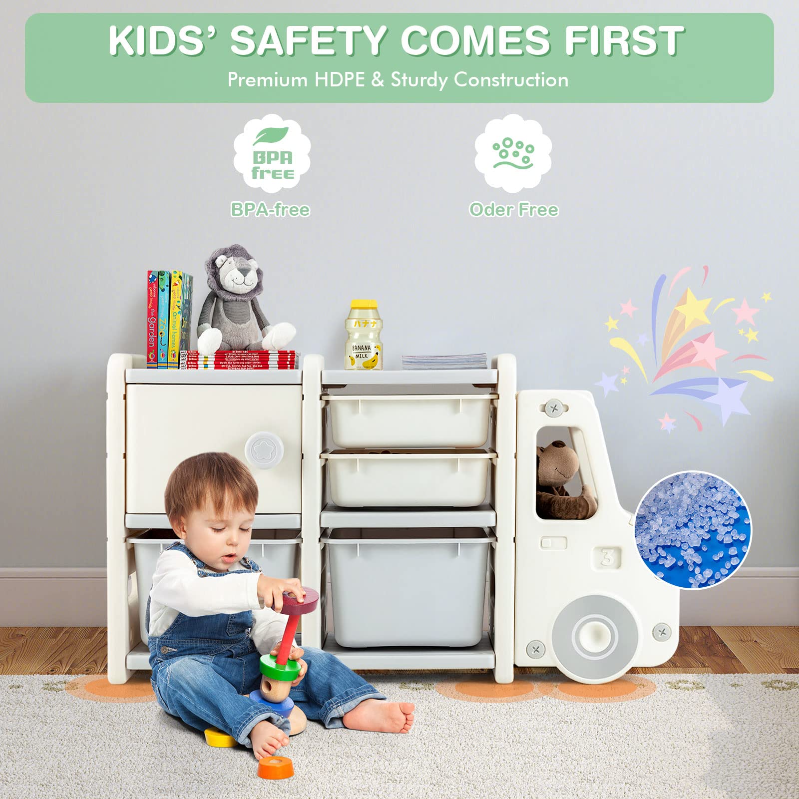 HONEY JOY Kids Toy Storage Organiser with 2 Large Bins, Pull-Out Drawers, Cabinet, Front Store Space