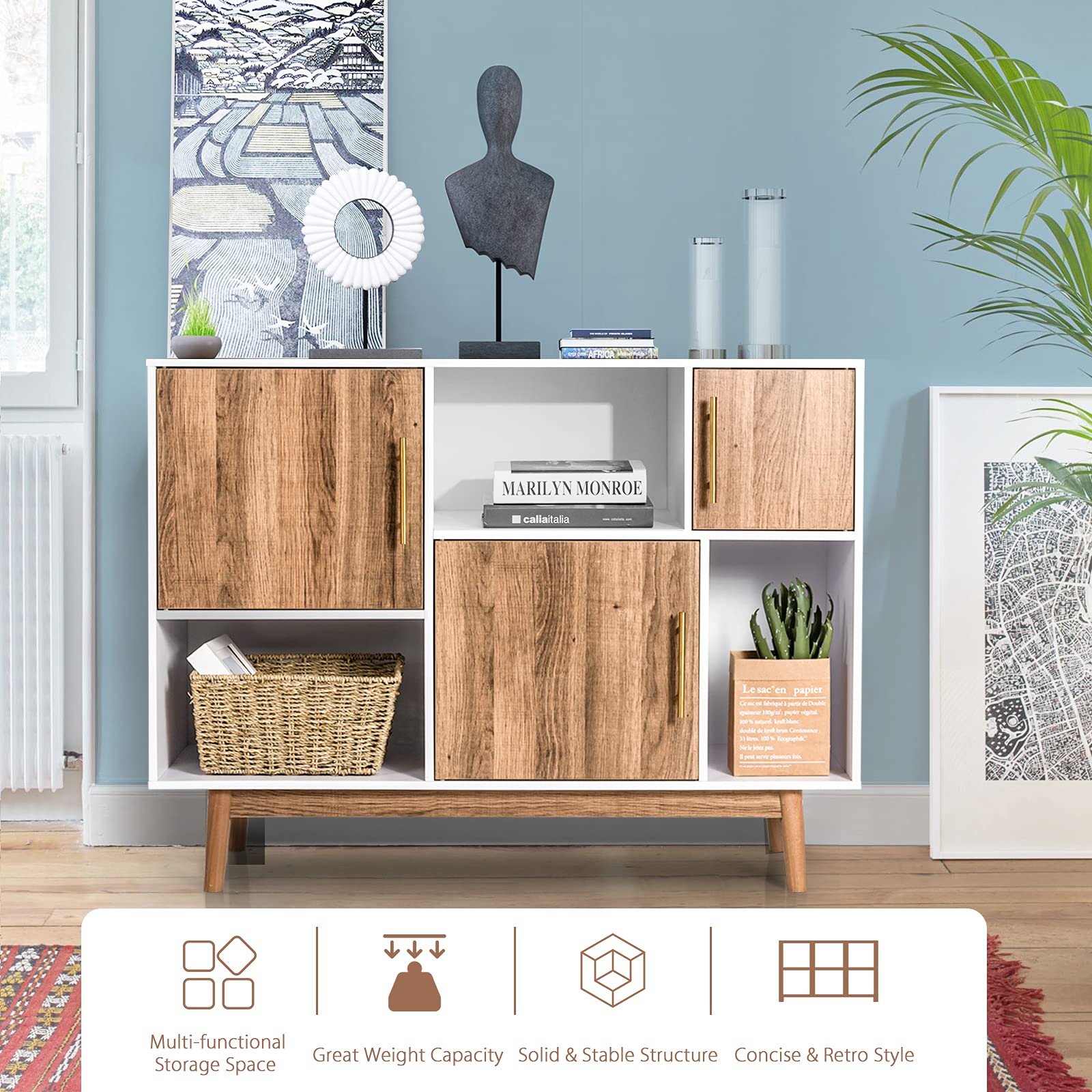 Sideboard Storage Cabinet W/3 Storage Compartments & 3 Doors & Wood Legs (White & Coffee)