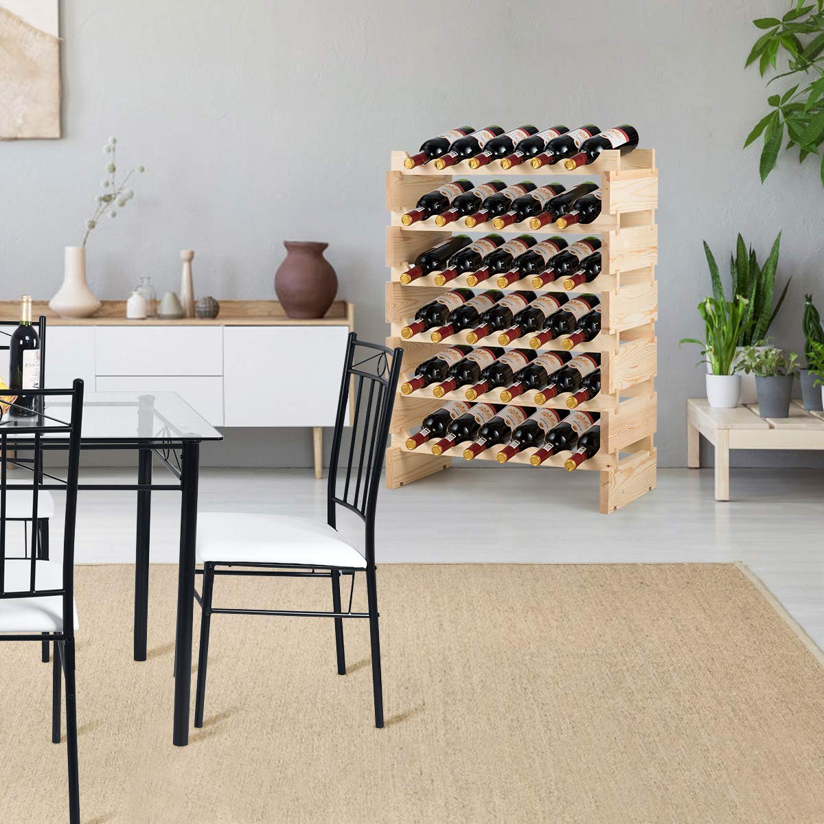 Giantex 6 Levels Wine Rack for 36 Bottles, Pine Wood Bottle Stand, Wine Stand with Stackable and Wave-Shaped Design