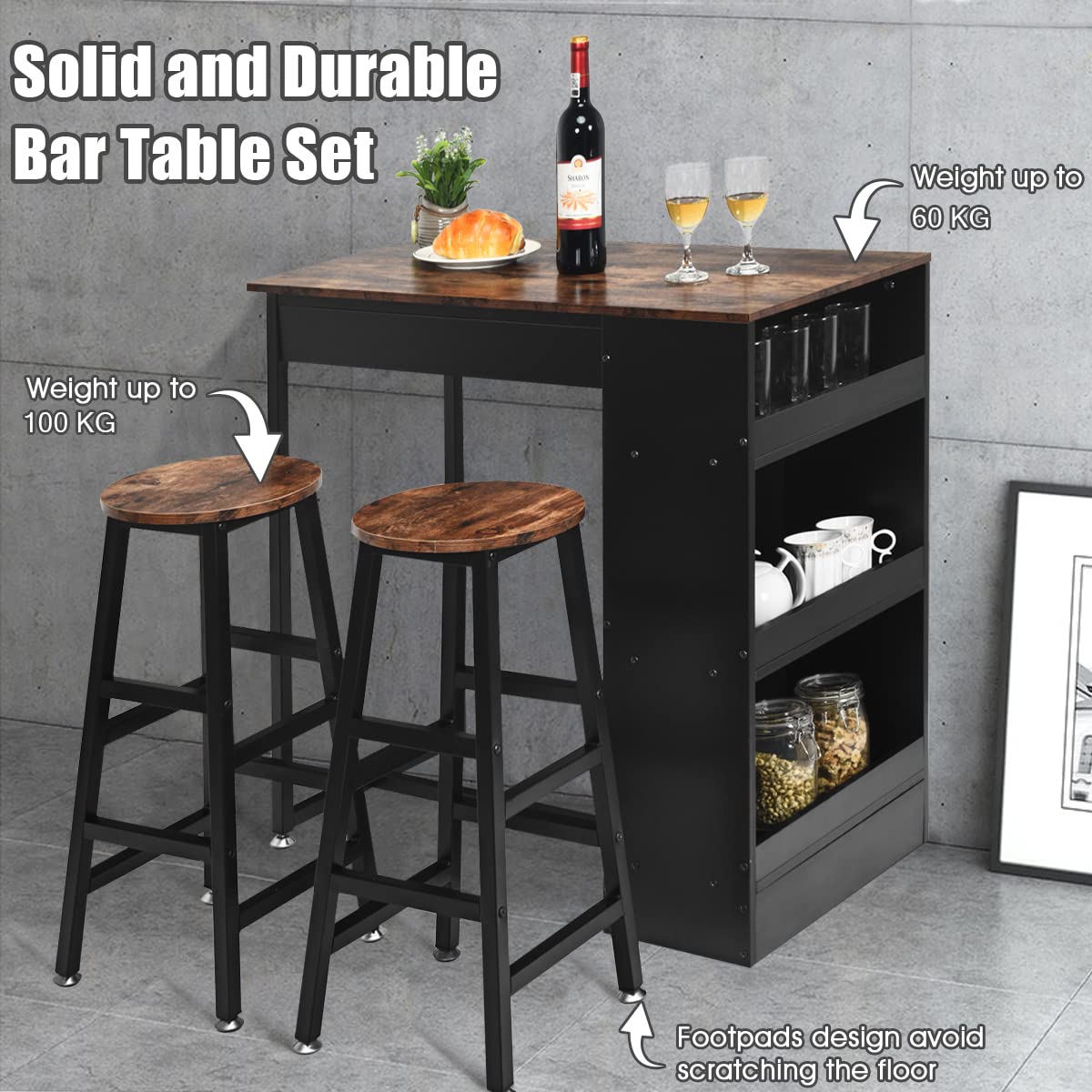 Giantex 3PCS Bar Table Set, Industrial Counter Height Table Set with 2 Bar Stools, Wooden Kitchen Dining Table Kit w/ 3-tier Side Shelf