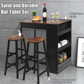 Giantex 3PCS Bar Table Set, Industrial Counter Height Table Set with 2 Bar Stools, Wooden Kitchen Dining Table Kit w/ 3-tier Side Shelf