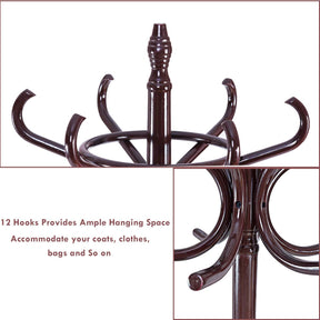 Coat Rack, Free Standing Coat Rack, Solid Wood Coat Tree w/ 12 Hooks & Umbrella Holder, Solid Wood Structure, Stable Base, Standing Rack for Hallway