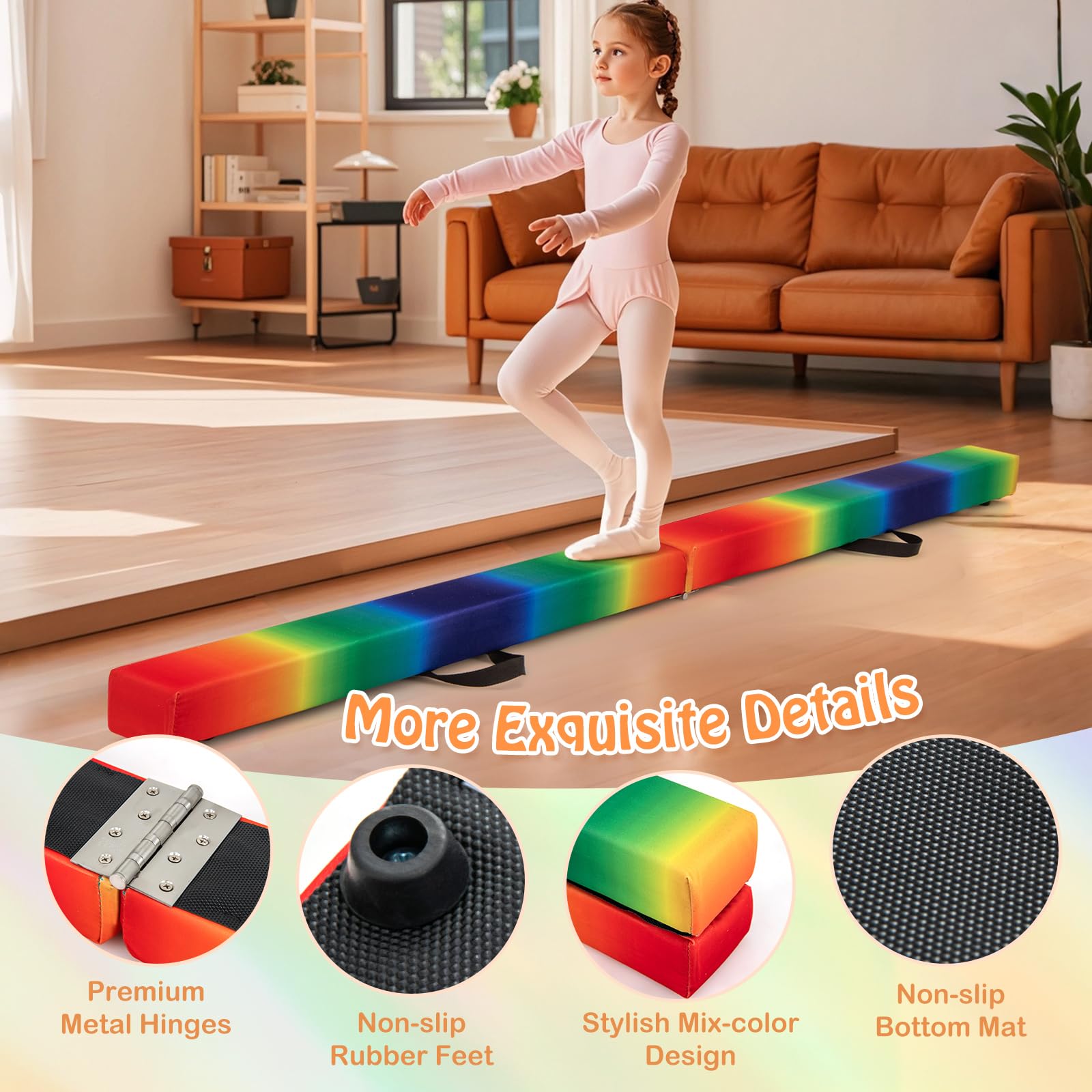 240cm Balance Beam, Folding Gymnastics Beam w/Carry Handles
