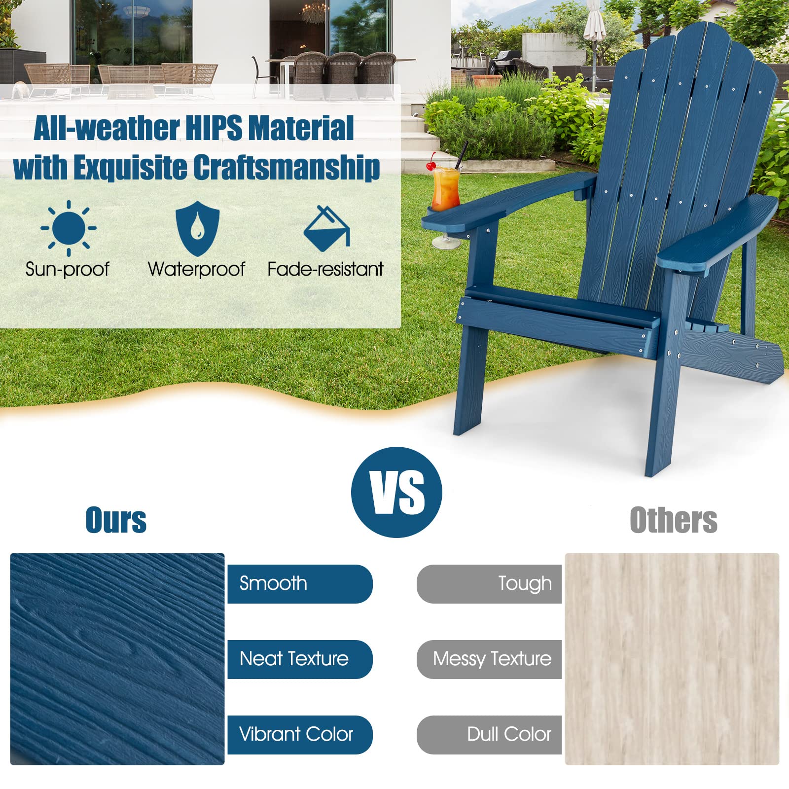 Adirondack Chair, HIPS Adirondack Chair w/Cup Holder, Realistic Wood Grain, Weather Resistant Outdoor Chair for Patio