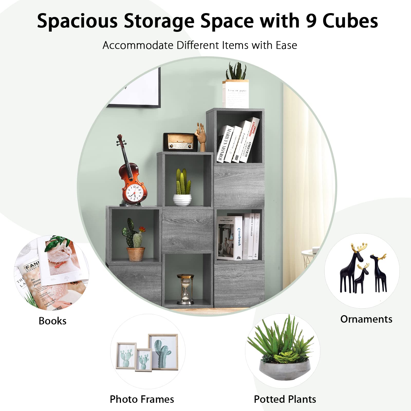 Giantex Wooden 9-Cube Bookcase, Free Combination Bookshelf, Multifunctional Storage Organizer, Grey