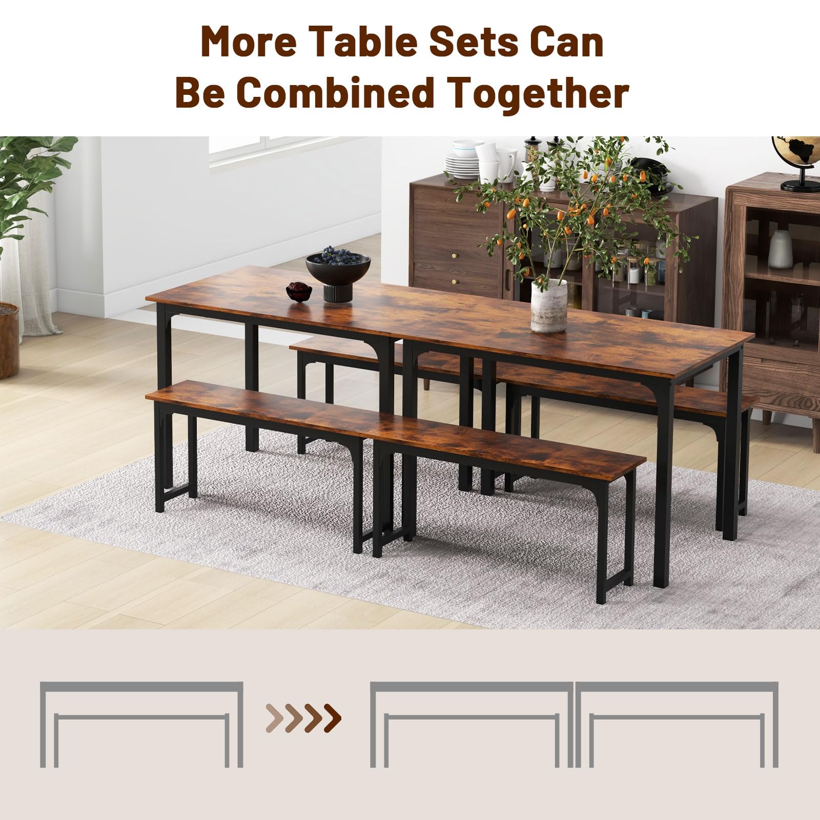 Giantex Dining Table Set for 4, 3 PCS Farmhouse Kitchen & Dining Room Furniture Kit with 2 Benches
