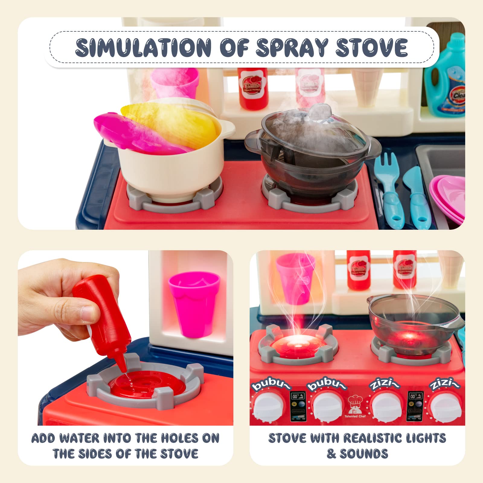 Kids Play Kitchen Set with 65 Pieces Accessories & Pretend Steam