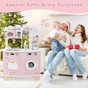 All-in-1 Wooden Kids Kitchen Playset, Pretend Play Kitchen w/Coffee Maker, Microwave, Oven