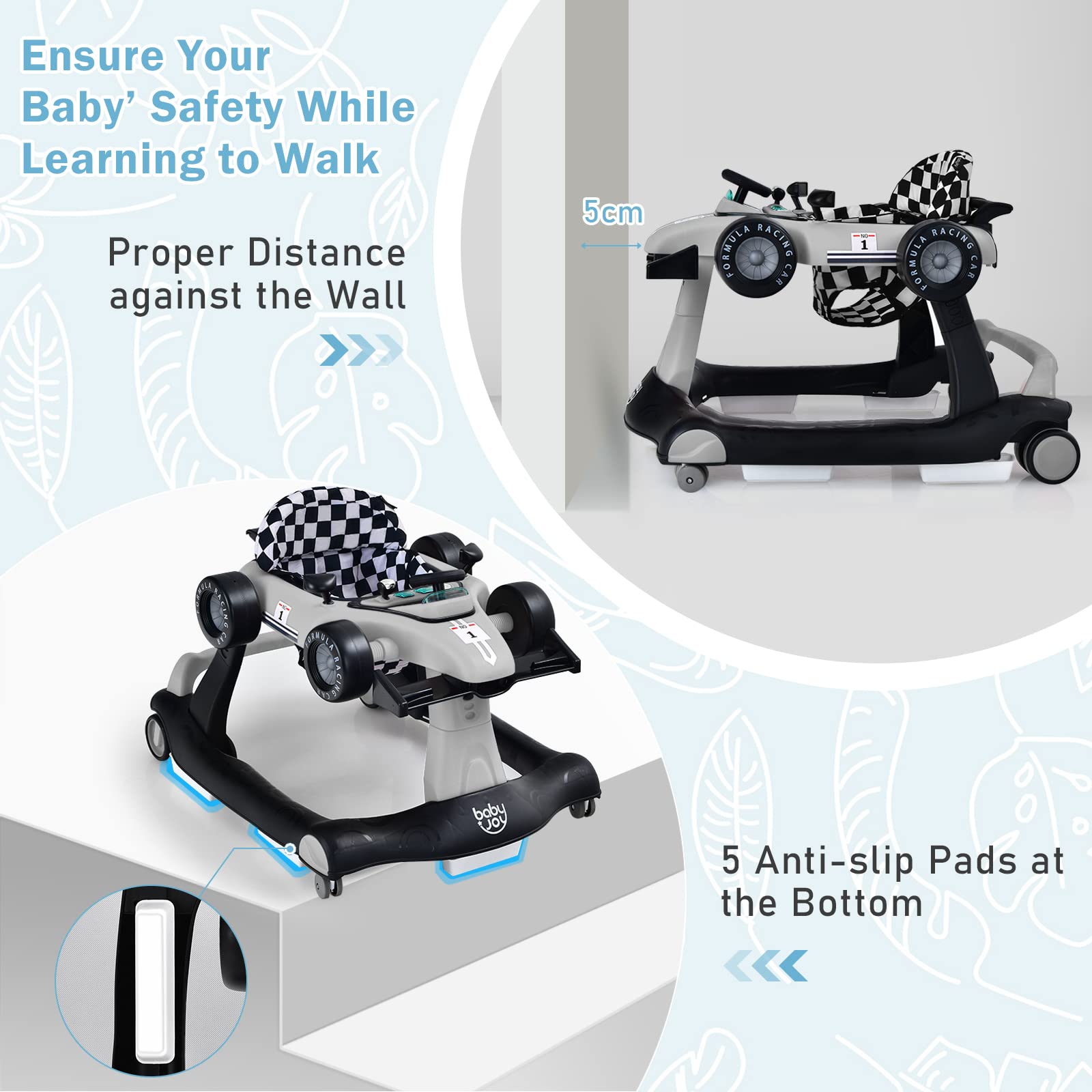4-in-1 Baby Walker, Foldable Activity Car Baby Walker w/3 Adjustable Height