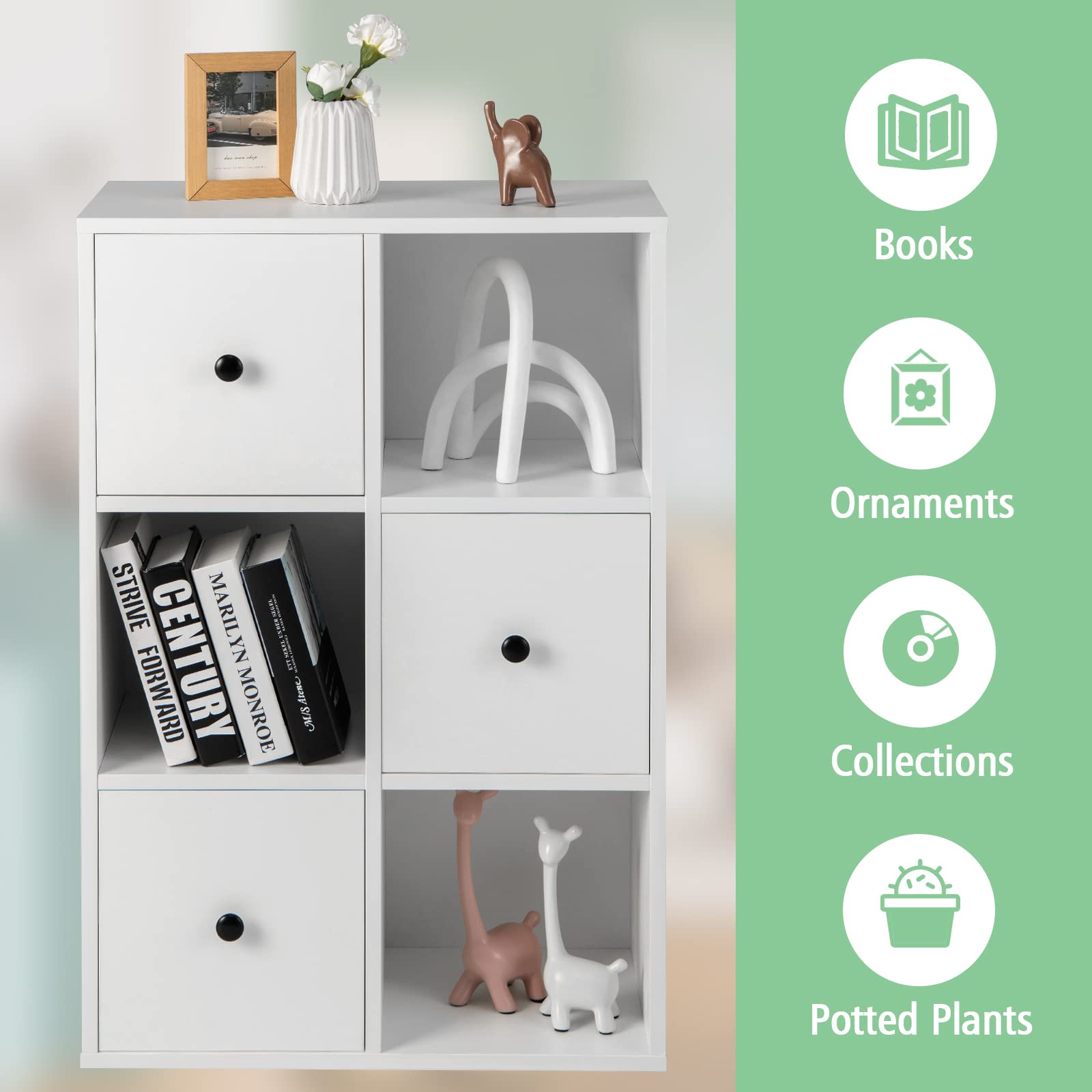 Giantex 3-Tier Bookshelf with 3 Cubes & 3 Drawers, Storage Organizer with Anti-toppling Device