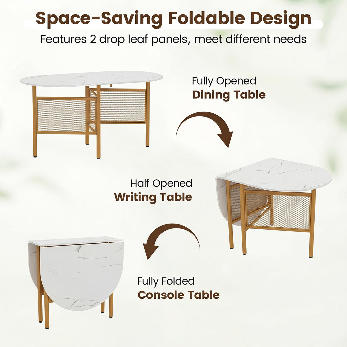 150 CM Folding Dining Table for 6-8 People, Drop Leaf Space Saving Oval Kitchen Table with Golden Metal Legs & Marble-Finished Tabletop