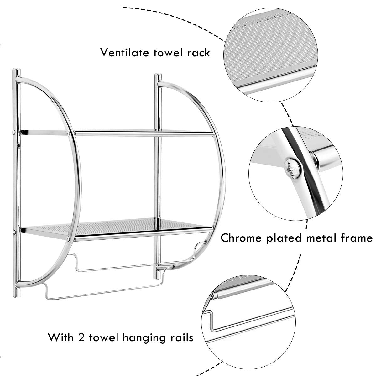 2-Tier Wall-Mounted Towel Organizer Rack with/2 Hanging Bars, Metal Bathroom Toilet Storage Shelf