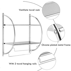 2-Tier Wall-Mounted Towel Organizer Rack with/2 Hanging Bars, Metal Bathroom Toilet Storage Shelf